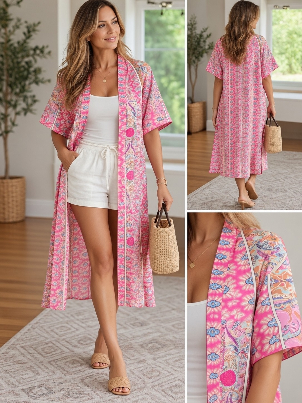 Pink Floral Kimono Duster - Women Jackets & Coats